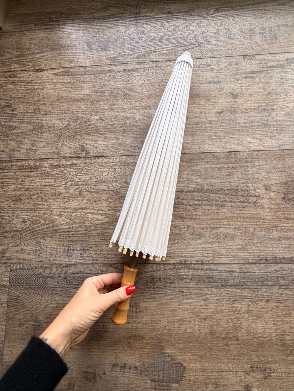 White Decorative Folding Parasol with Wooden Handle